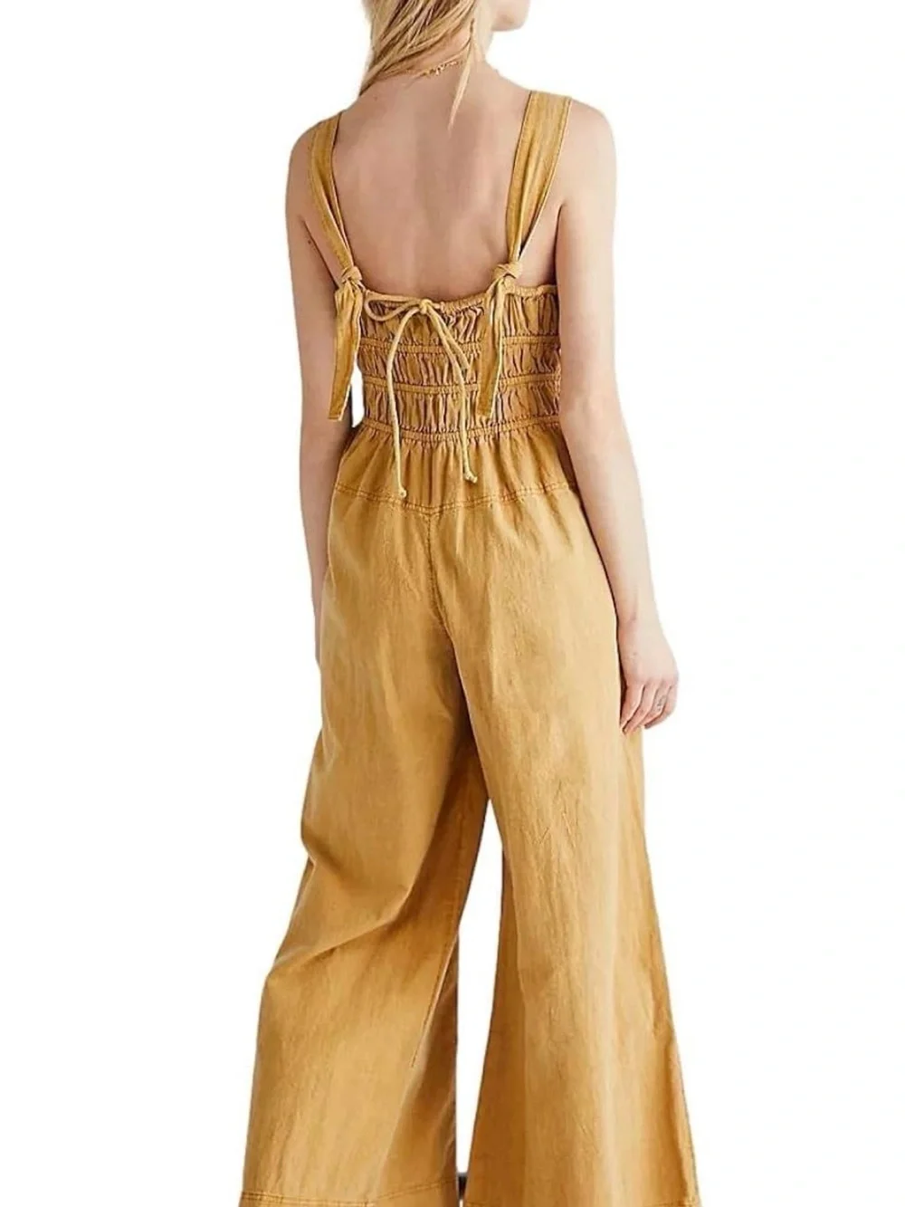 Free People Golden Nugget Jumpsuit Smocked Wide Leg Overalls M NWT Flaw
